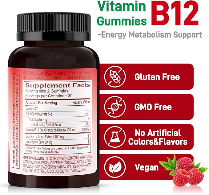 Natural Energy Gummies with Vitamin B12, Goji, Co Q10, Energy Support & Metabolism Support Chewable Supplement,GMO Free, Gluten Free (Raspberry, 60 Count