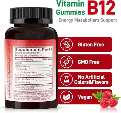 Natural Energy Gummies with Vitamin B12, Goji, Co Q10, Energy Support & Metabolism Support Chewable Supplement,GMO Free, Gluten Free (Raspberry, 60 Count