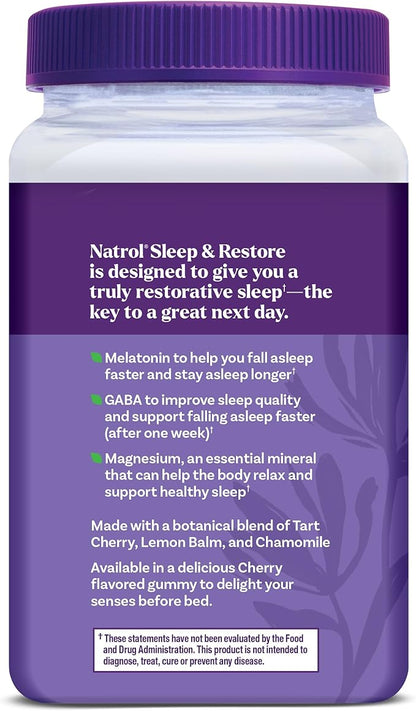 Natrol Sleep + Restore Magnesium Glycinate Gummies with Melatonin 5mg - Calm Magnesium with GABA, Botanical Blend, Cherry Flavor, 60 Gummies