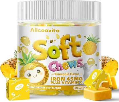 Iron Soft Chew Supplement with Vitamin C | Pineapple Flavored | Gluten Free | Iron Supplement for Women Men and Kids | 60 Count | 2 Month Supply