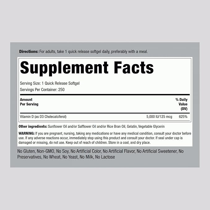 Piping Rock Vitamin D3 5000 IU | 250 Softgels | High Potency Supplement | Non-GMO, Gluten Free