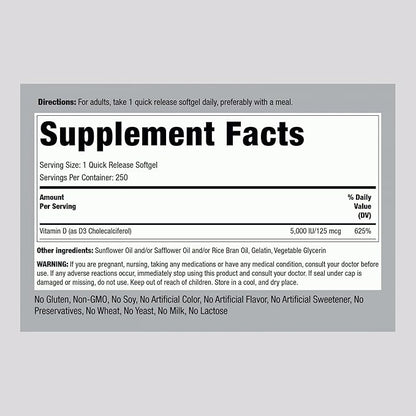 Piping Rock Vitamin D3 5000 IU | 250 Softgels | High Potency Supplement | Non-GMO, Gluten Free