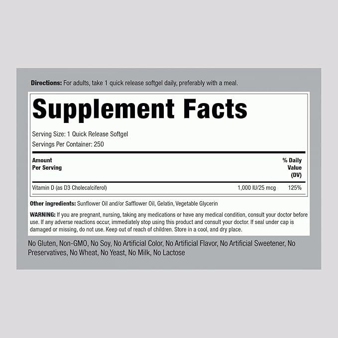 Piping Rock Vitamin D3 1000IU | High Potency (25 mcg) | 250 Softgels | Non-GMO, Gluten Free Supplement