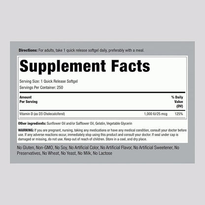 Piping Rock Vitamin D3 1000IU | High Potency (25 mcg) | 250 Softgels | Non-GMO, Gluten Free Supplement