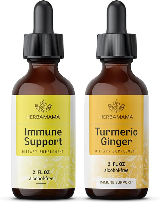 HERBAMAMA Liquid Drops Kit - Bundle of Liquid Immune Support Drops & Turmeric with Ginger Tincture 2 fl oz - Vegan, Non-GMO, Sugar & Alcohol-Free - 2 Pack