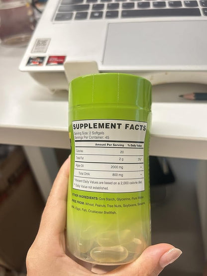 Vegan Omega-3 Algae DHA Supplements - 2000mg Algae Oil, Plant-Based Prenatal Algal DHA, 90 Carrageenan Free Softgels -Sustainable Fish Oil Alternative Supports Brain, Heart, Eyes, Joint Health