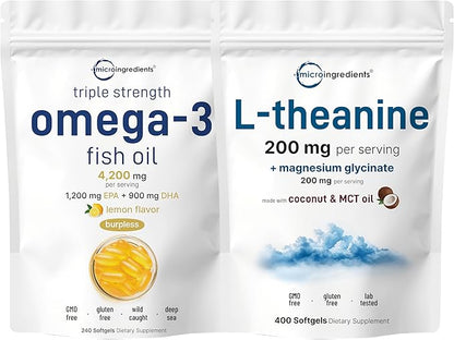 Micro Ingredients Omega-3 Fish Oil 4,200mg Softgels & L-Theanine 200mg Bundle 2 Pack | Wild-Caught Fish, Burpless with Lemon Flavor | Amino Acid & Mineral Complex