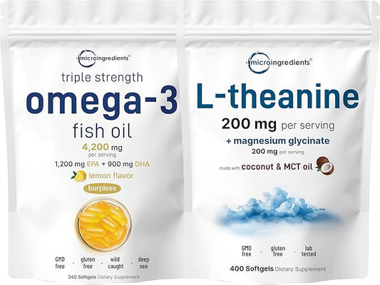 Micro Ingredients Omega-3 Fish Oil 4,200mg Softgels & L-Theanine 200mg Bundle 2 Pack | Wild-Caught Fish, Burpless with Lemon Flavor | Amino Acid & Mineral Complex