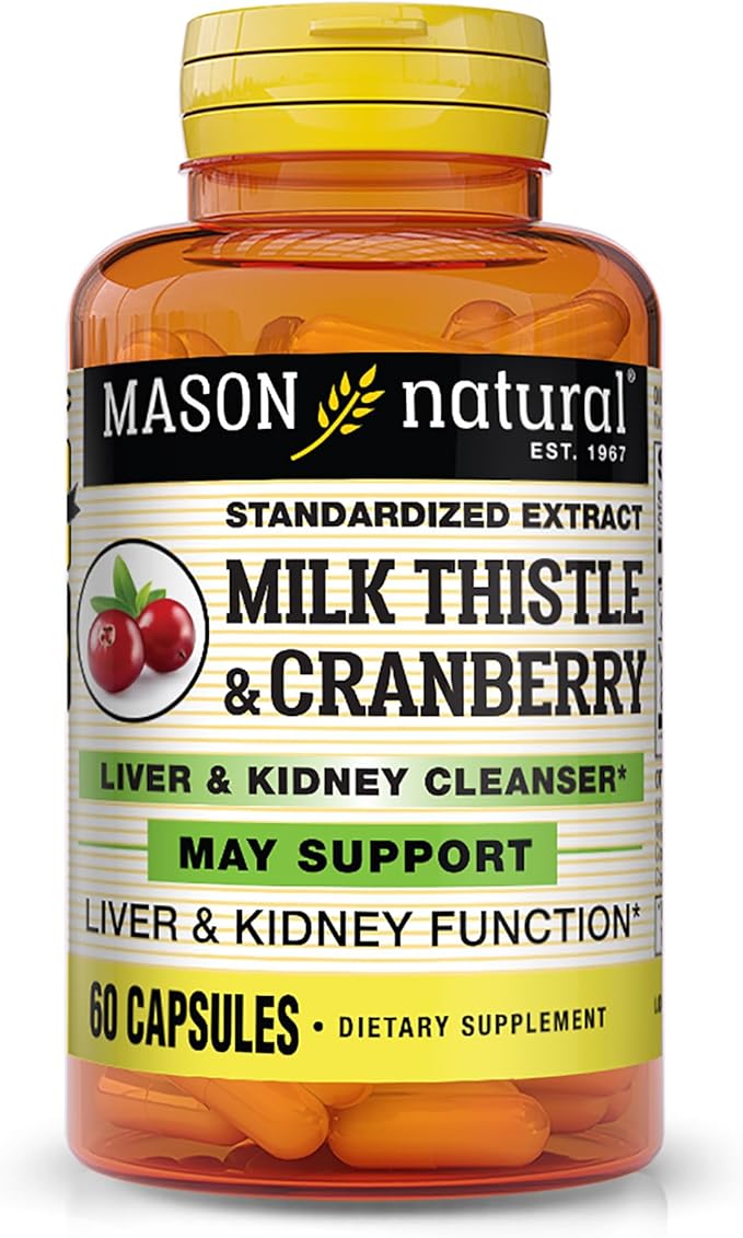 MASON NATURAL Milk Thistle/Cranberry Liver & Kidney Cleanser - Supports Healthy Liver & Kidney Function, Cleanse and Detox, 60 Capsules