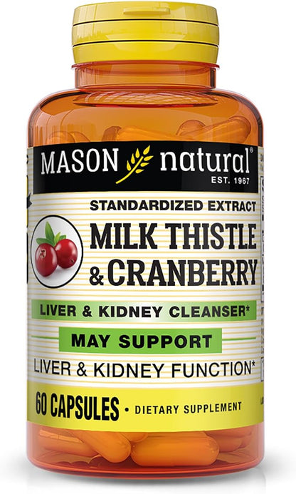 MASON NATURAL Milk Thistle/Cranberry Liver & Kidney Cleanser - Supports Healthy Liver & Kidney Function, Cleanse and Detox, 60 Capsules