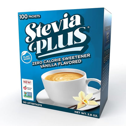 SweetLeaf Stevia Plus Powder Packets- Zero Calorie Sweetener with Stevia Leaf Extract, No Artificial Sweetener Additive, Sugar Free, Keto Friendly, Non GMO, Gluten Free- Vanilla, 100 Count (Pack of 1)