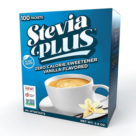 SweetLeaf Stevia Plus Powder Packets- Zero Calorie Sweetener with Stevia Leaf Extract, No Artificial Sweetener Additive, Sugar Free, Keto Friendly, Non GMO, Gluten Free- Vanilla, 100 Count (Pack of 1)
