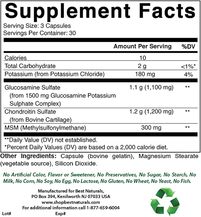 Best Naturals, Glucosamine Chondroitin MSM Supplements, 2600 mg per Serving, 90 Capsules (90 Count (Pack of 1))