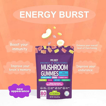 Organic & Functional Mushroom Gummies Supplement ASHWAGANDHA,REISHI,Turkey Tail MAITAKE, SHATAKE Chaga CORDYCEPS BOOSTS Cognitive,Performance Gluten Free,Vegan Low CARB,GUMMIES80