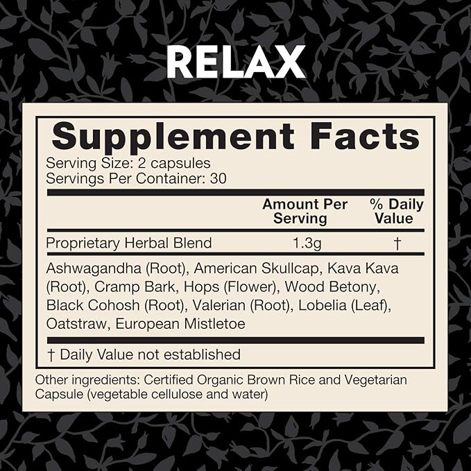 Crystal Star Relax (60 Capsules) - Helps Calm Nerves with Ashwagandha, American Skullcap And Kava Kava - NON-GMO