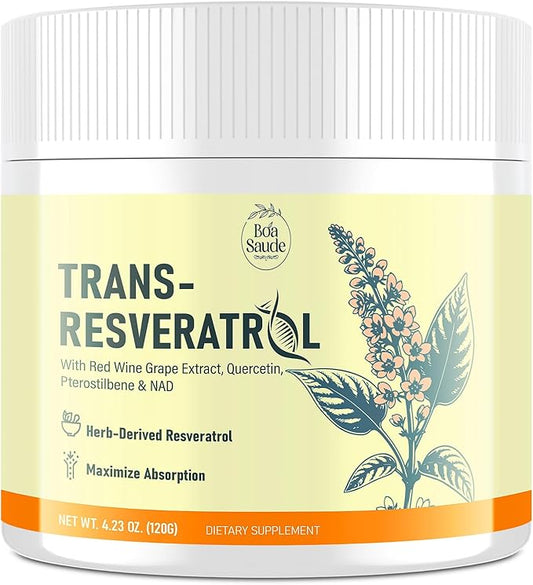 Trans-Resveratrol Powder Supplement with Red Wine Extract, Quercetin, Pterostilbene & NAD, 4.23 OZ, 30-Day Serving