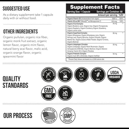 Organic Plant D3 + K2 | 5000 iu D3 + 120 mcg K2 as All-Trans MK7 from MenaQ7® - 100% Whole Food, Raw & Vegan | Enhanced Digestion with Prebiotic & Superfood Complex – D3 from Organic Algae (60 Count)