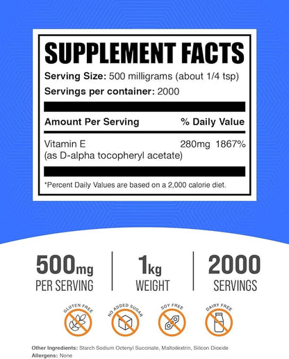 BulkSupplements.com Vitamin E 400 IU Powder - as D-Alpha Tocopherol, Nutritional Supplements - Gluten Free, 500mg per Serving, 1kg (2.2 lbs) (Pack of 1)