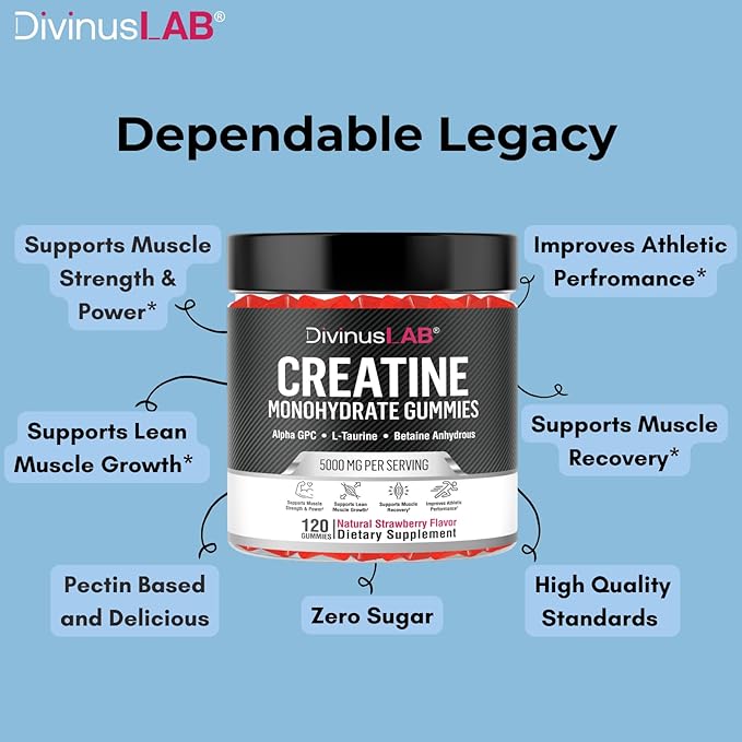 Creatine Monohydrate Gummies 5g (5000mg) for Men & Women - 120 Count, Sugar-Free Creatine Pre Workout Chews For Energy Boost, Creatine Supplement For Building Muscle and Strength, Vegan, Non-GMO