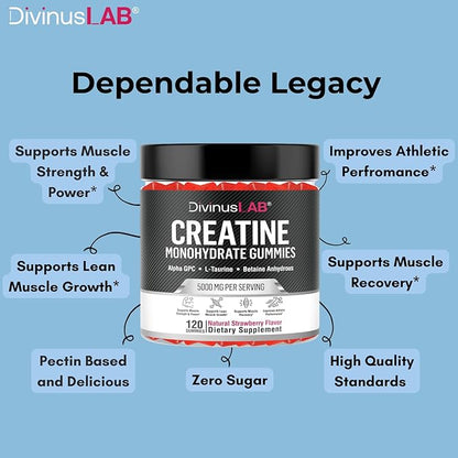 Creatine Monohydrate Gummies 5g (5000mg) for Men & Women - 120 Count, Sugar-Free Creatine Pre Workout Chews For Energy Boost, Creatine Supplement For Building Muscle and Strength, Vegan, Non-GMO