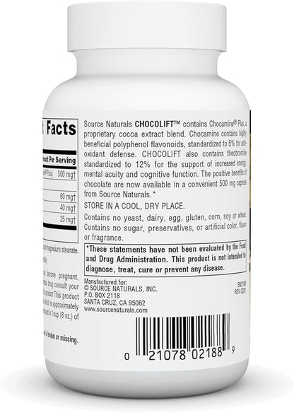 Source Naturals ChocoLift 500mg, Chocamine Plus Cocoa Extract for Positive Energy*, 500 mg - 60 Capsules