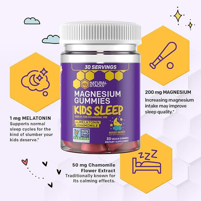 Natural Stacks Kids Sleep Magnesium Gummies with Melatonin - 100mg Magnesium Citrate - Melatonin Gummies for Sleep Quality - Nighttime Aid for Kids with Chamomile - 30 Mixed Berry Chewables