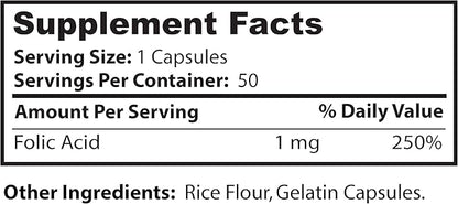 Dr. Clark Folic Acid (Vitamin B9) Supplement – 1mg, 50 Gelatin Capsules, Supports Healthy Pregnancy & Cell Growth