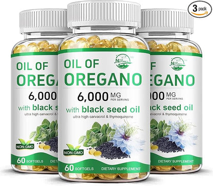 Nature's live Oil of Oregano with Black Seed Oil, 2 in 1 Oregano Supplement for Immune Health, Retains High Concentrated Carvacrol & Thymoquinone, Non-GMO, 3 Pack