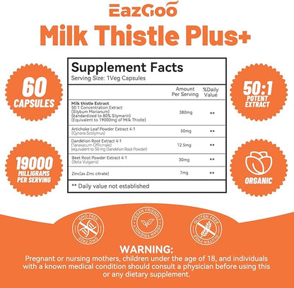 Milk Thistle Capsules 19000mg Equivalent, 50X Concentrated Seed Extract & 80% Silymarin Standardized, Liver Support Supplement, Vegan, Non-GMO, 120 Capsules