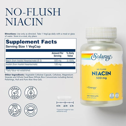 SOLARAY No Flush Niacin 500mg, Flush-Free Vitamin B3 Niacin, Energy and Circulatory System Support, Vegan, Lab Verified, 60-Day Money-Back Guarantee, 100 Servings, 100 VegCaps