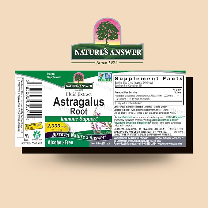 Nature's Answer Astragalus Root 1oz Extract | Promotes Overall Wellbeing | Super Concentrated 2000mg | Alcohol-Free, Gluten-Free, Kosher Certified & No Preservatives | Single Count