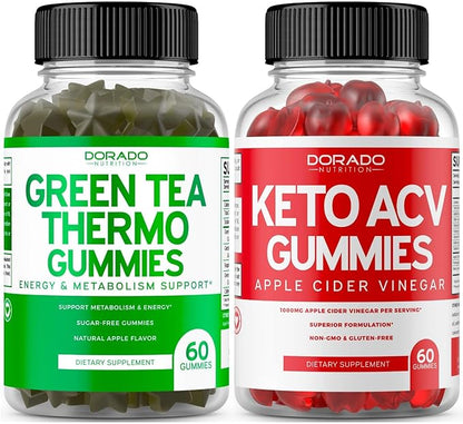 Green Tea Fat Burner (60 Count) - Appetite Suppressant Weight Loss Supplement for Adults and Keto ACV Gummies (60 Count) Advanced Weight Loss Keo ACV - Vegan & USA Made