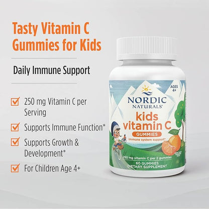 Nordic Naturals Kids Vitamin C Gummies - Tangy Tangerine - 60 Gummies - Vegan Vitamin C Supplement - Children’s Immunity and Antioxidant Support - 250 mg per Serving - 30 Servings