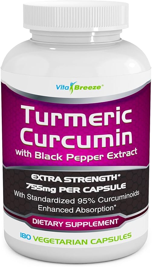 Turmeric Curcumin Complex with Black Pepper Extract - 755mg per Capsule, 180 Veg. Caps - Contains Piperine (for Superior Absorption and Tumeric Bio-Availability) and 95% Standardized Curcuminoids