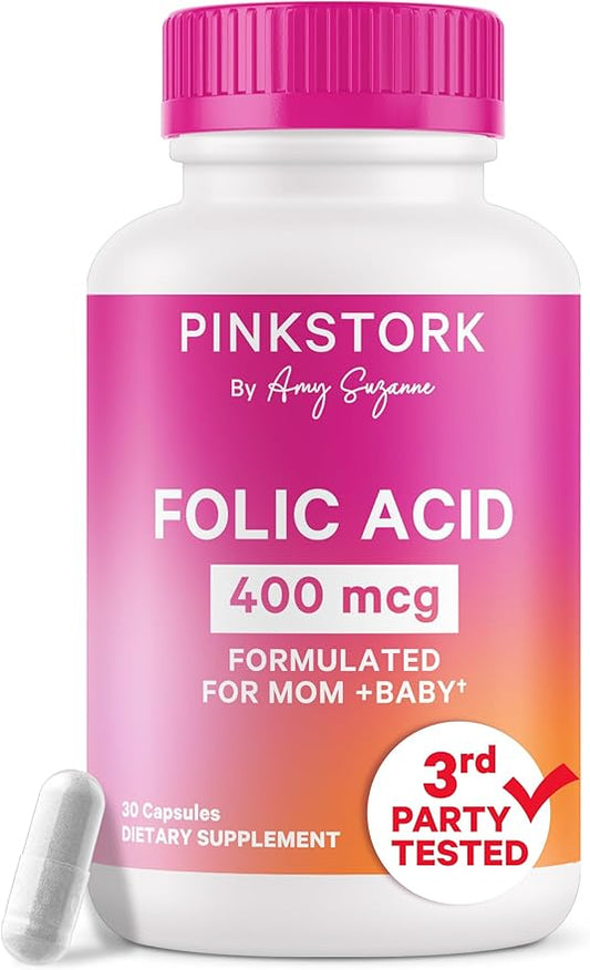 Pink Stork Folic Acid Supplement for Women - 400mcg, Prenatal Vitamins for Women, Supports Neural and Spine Health, Red Blood Cell Production, Mood, Energy During Pregnancy - 30 Capsules