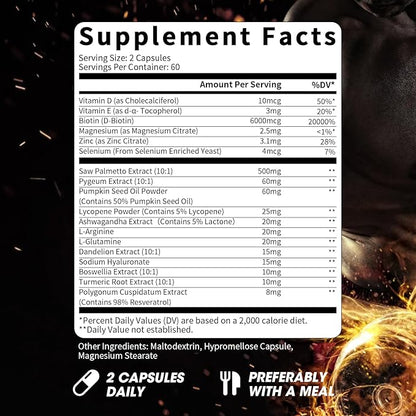 Saw Palmetto for Men 500mg - Prostate Support, Urinary & Hair Health Supplement with Pumpkin Seed Oill, Pygeum - Herbal Complex for Men's Wellness, Vegan Formula, 120 Capsules