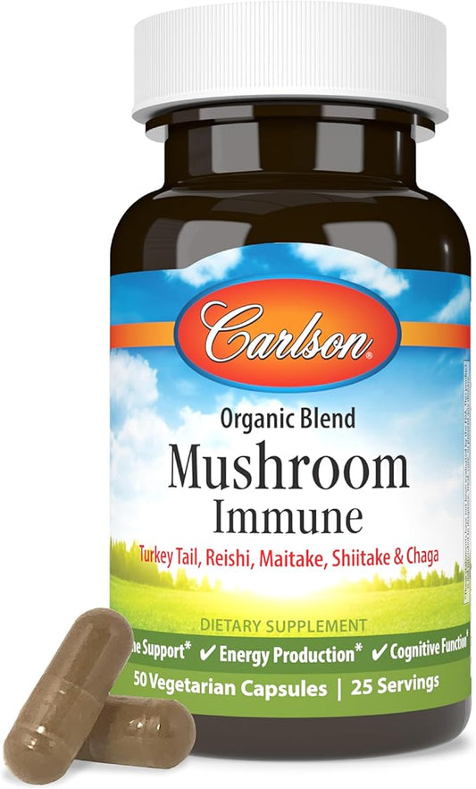 Carlson - Mushroom Complex, Organic Blend, with Turkey Tail, Reishi, Maitake, Shiitake, Chaga, Non-GMO, 50 Vegetarian Capsules