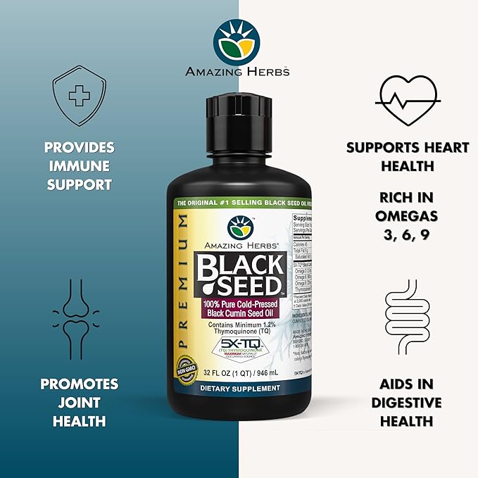 Amazing Herbs Premium Black Seed Oil - Cold Pressed Nigella Sativa Aids in Digestive Health, Immune Support, Brain Function, Joint Mobility, Gluten Free, Non GMO - 32 Fl Oz