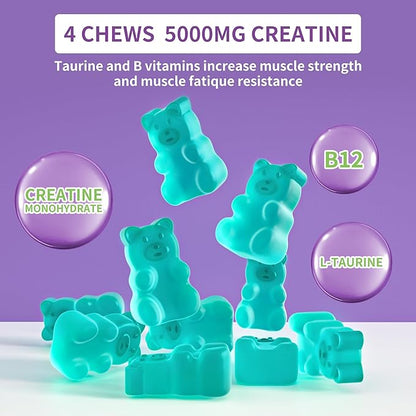 Creatine Monohydrate Gummies 5000mg for Men & Women, Chewables Creatine Monohydrate for Muscle Strength, Muscle Builder, Energy Boost, Pre-Workout Supplement(90 Count)-Blueberry Flavor.