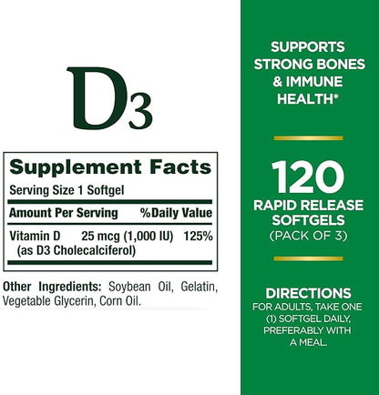 Nature's Bounty, Vitamin D3 Vitamin Supplement, Supports Immune System and Bone Health, 1000IU, 120 Softgels (Pack of 3)
