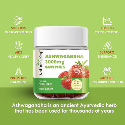 Nature's Key Ashwagandha Gummies, 3000mg High Potency Ashwagandha Root Extract with Vitamin D2, Stress, Calm Mood & Cognition, for Men & Women, Strawberry Flavor (60 Count (Pack of 1)