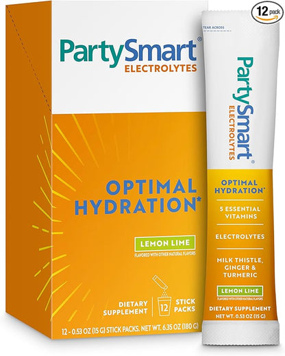 Himalaya PartySmart Lemon Lime Electrolytes Powder Packets, 12 Count, Support Hydration, Rehydrate with Sodium & Potassium, Vitamin C & more, Antioxidant Recovery Blend Milk Thistle, Ginger & Turmeric