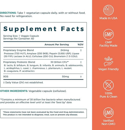 NewRhythm Digestive Enzymes 245 mg, with Probiotics and Prebiotics, Plant Based, 7 Key Enzymes, Digestion, Nutrient Absorption, Protease Amylase & Lipase, 60 Vegan Capsules