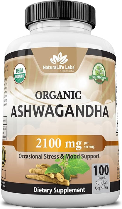 Organic Ashwagandha 2,100 mg - 100 Veggie Capsules Pure Organic Ashwagandha Powder and Root Extract - Stress Relief, Mood Enhancer