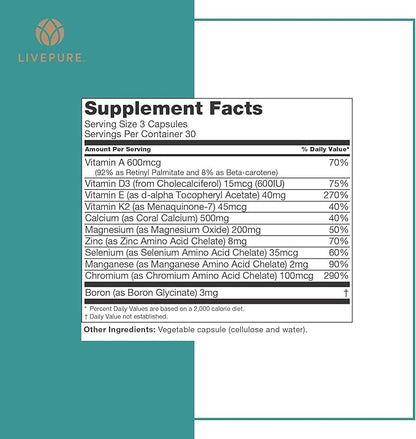 LivePURE CalciuMK+ Capsules | 90ct | Supports Bone Strength, Collagen Production & Joint Flexibility | Non-Dairy, Lactose-Free Calcium Supplement for Skeletal & Cartilage Health