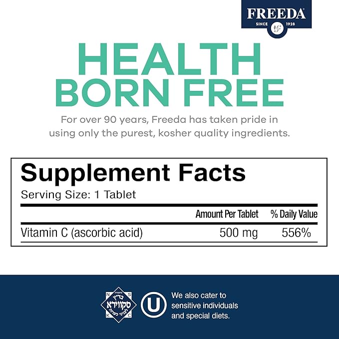 FREEDA Vegan Vitamin C 500mg – Kosher Immune Support & Antioxidant – Helps Maintain Healthy Skin & Hair, Supports Iron Absorption – No Gluten, No Lactose, No Artificial Flavor or Color – 250 Tablets