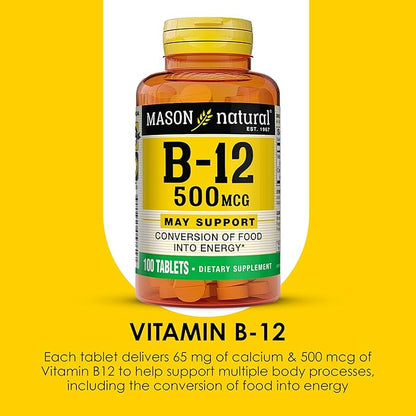 MASON NATURAL Vitamin B12 500 mcg with Calcium, Supports Energy & Nerve Health, 100 Tablets, Pack of 3