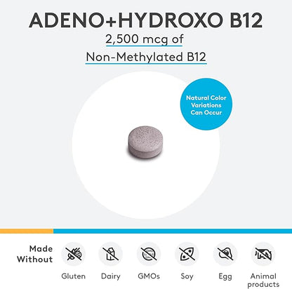 XYMOGEN Adeno+Hydroxo B12 - Non-Methylated (2,500mcg) - Quick-Dissolve B12 Lozenges with Adenosylcobalamin B12 + Hydroxocobalamin - Cognitive Support, Fruit Punch Flavor (60 Tablets)