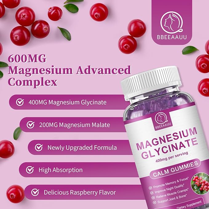 Magnesium Glycinate Gummies 400 mg, High Absorption Magnesium Glycinate Supplement with Potassium, Calcium, Vitamin D, B6 & CoQ10 for Night, Muscle Support Cranberry Flavor 60 Count (2 Packs)