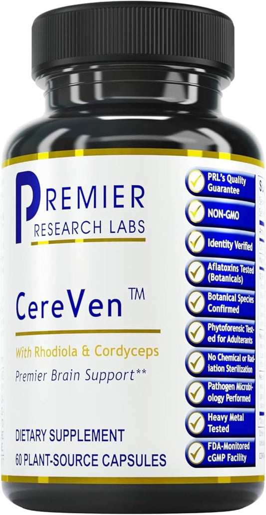 Premier Research Labs Cereven - Brain Support Supplement with Rhodiola Extract, Marine Coral & Turmeric - Herbal Extracts Dietary Supplements - 60 Plant-Source Capsules